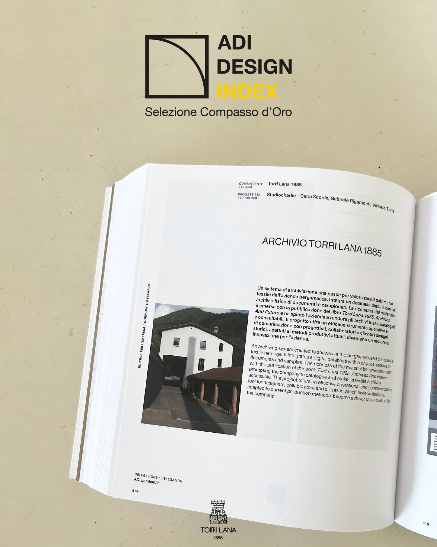 La pagina dedicata all&rsquo;Archivio Torri Lana 1885 nel volume ADI Design Index 2026